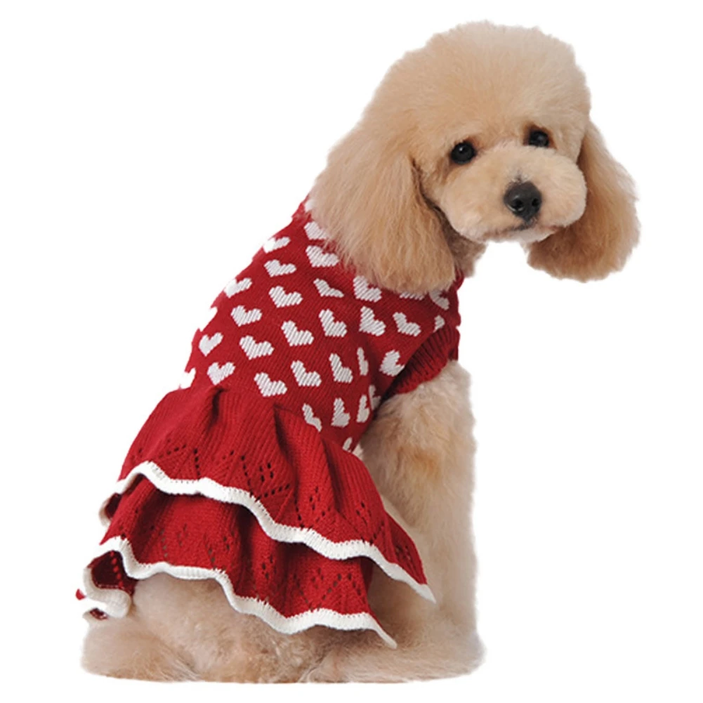 Dog Dress Sweaters Skirt Cute Heart Pattern Dog Sweaters Knitwear Warm Pet Sweater with Pom Pom Ball Dachshund Chihuahua Corgi