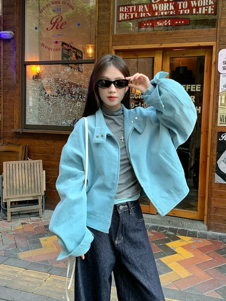 

Винтажная куртка на молнии, женская осенняя синяя куртка с длинным рукавом и воротником-стойкой, свободные повседневные пальто, корейская уличная одежда, простая верхняя одежда, новинка