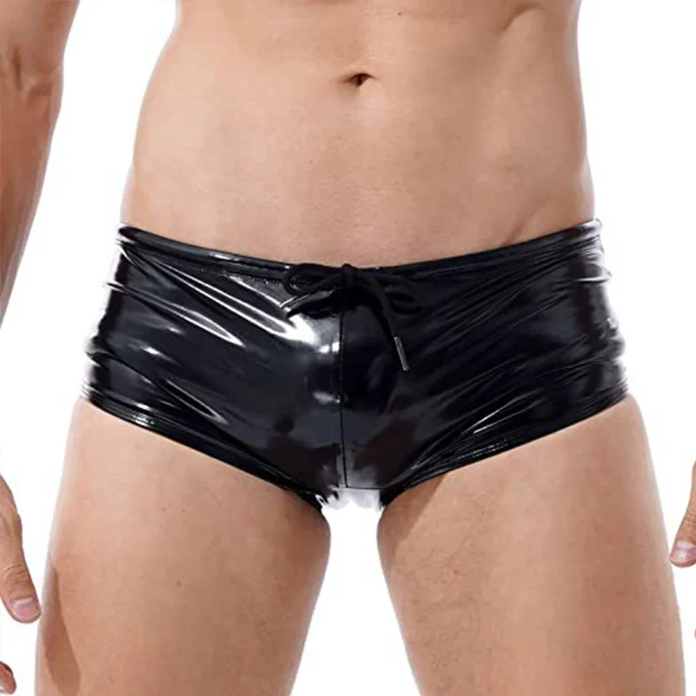 

Men Sexy Leather Panties Wet Look Shiny Patent Leather Swimming Trunks Male Low Rise Bulge Pouch Boxers Drawstring Boxer Shorts