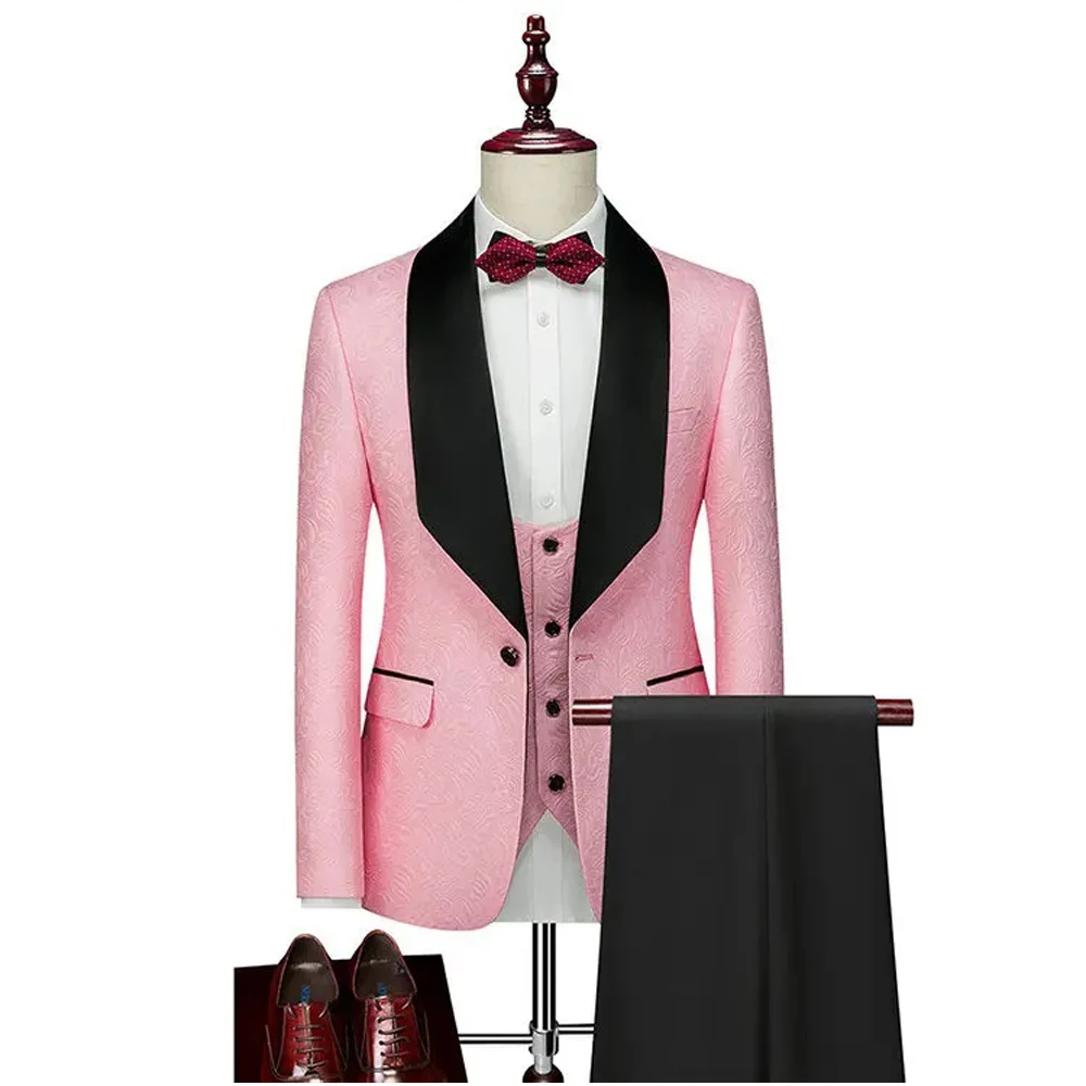 Jacquard Men's Casual Black Shawl Lapel 3-piece Blazer Vest Pants Personalized Simple Suit Dress Set Men's Suit Custom Made Set