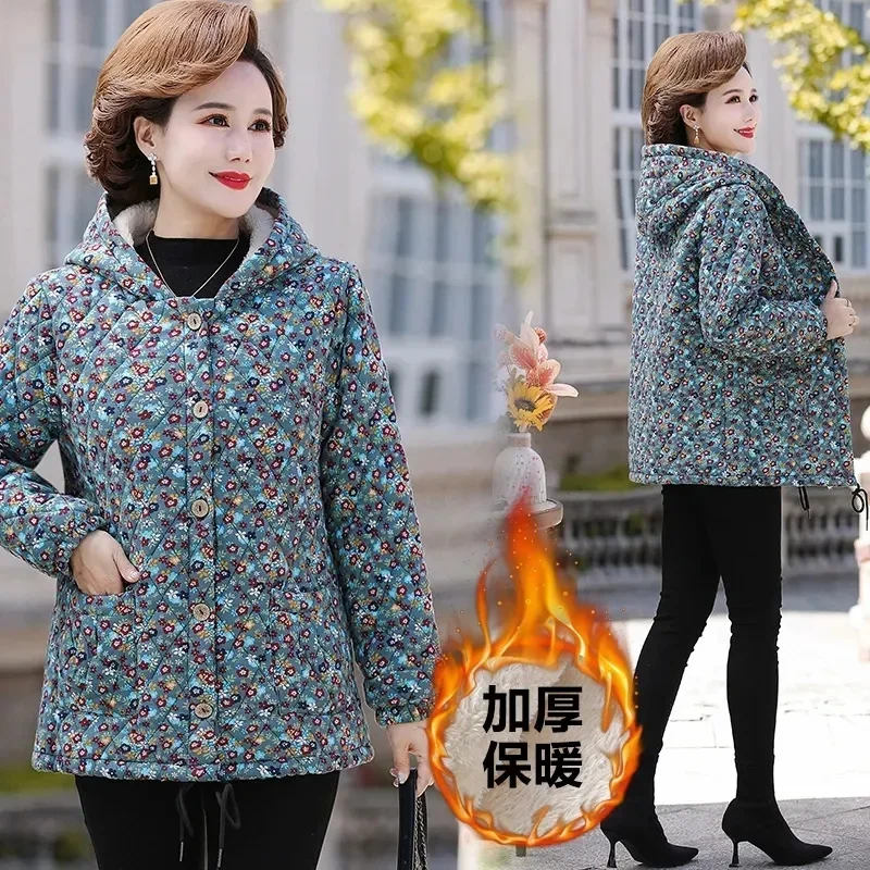 Winter My Mother Added Velvet Padded Floral Cotton-Padded Jacket For Middle-Aged And Elderly People Autumn And Winter Warm Coat