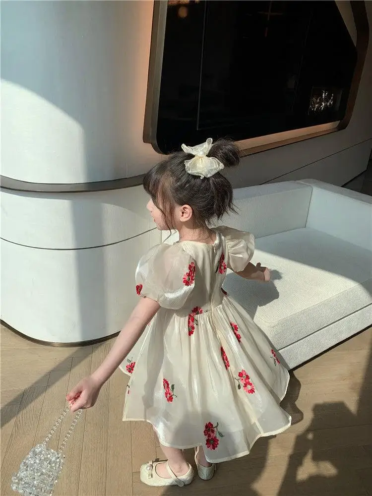 Summer Girls Dresses Puff Sleeves Gauzy Dress Bow Tie Decoration Princess Dress Children\'s Clothes For 2-6Y