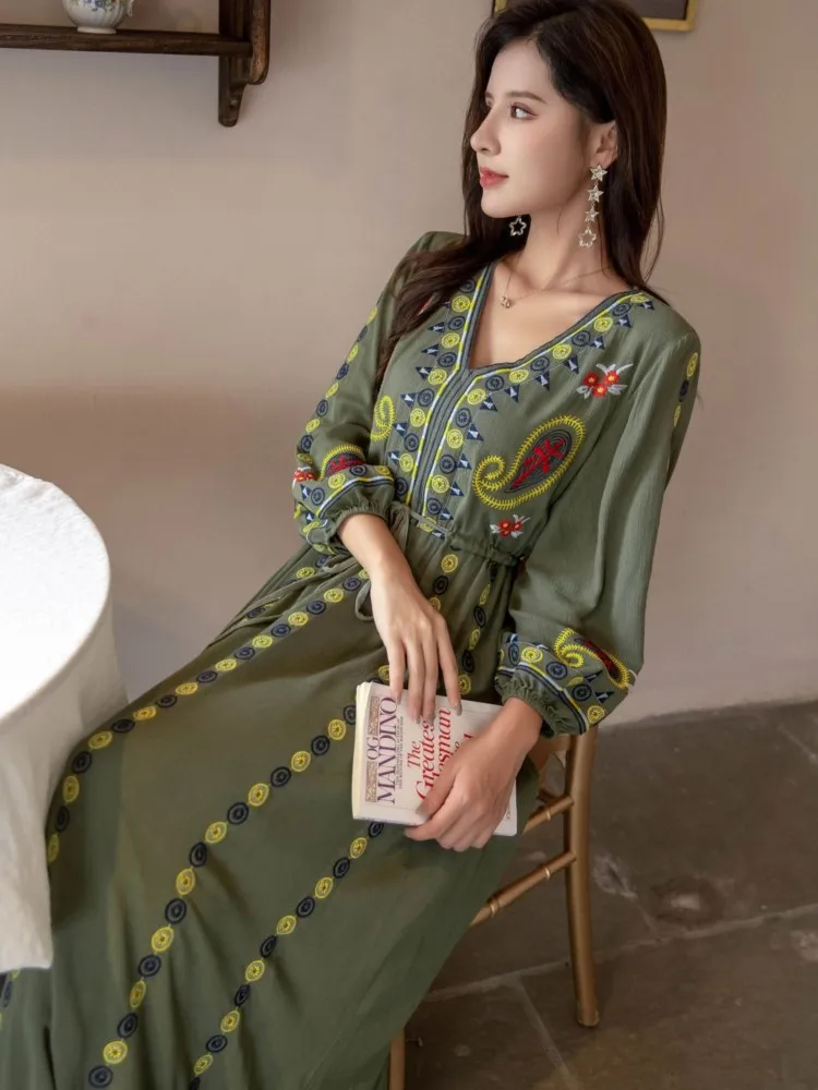 Jastie V-Neck Retro Folk Style Embroidery Dress Boho Hippie Tie Waist Casual Beach Long Holiday Dress Women Vestidos 2025 Spring