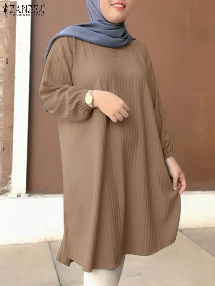 ZANZEA-Blusa muçulmana solta sólida para mulheres, tops de manga comprida, camisa abaya casual, manga comprida, roupas islâmicas elegantes, moda