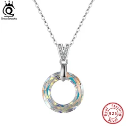ORSA JEWELS Genuine 925 Sterling Silver Circle Austrian Crystal Pendant Necklace for Women Fashion Necklace Party Jewelry SWN24