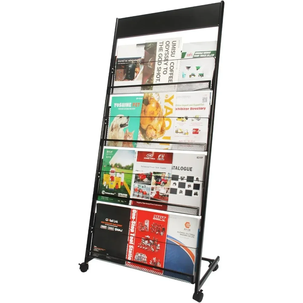 Magazine Rack Floor-Standing,4-Layer Brochure Holder Display Stand Tiered Design with Wheels,High-Hardness Metal Magazine