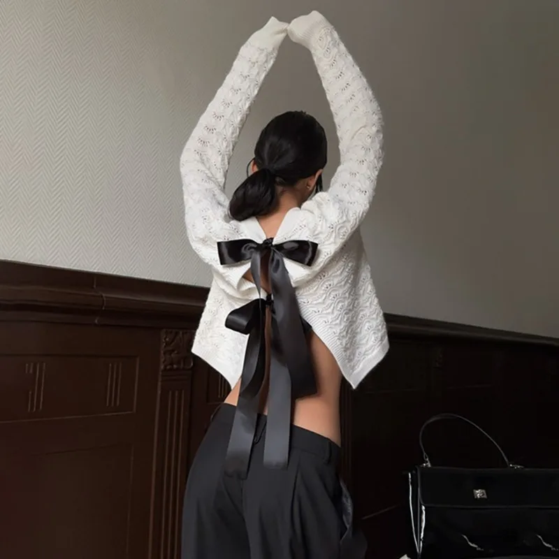 

Tuularose Fashion Bow-Tie Sweater Women's Sexy Lace-Up Hollow Out Loose Solid Knit Pullover Autumn Casual Vintage Female Sweater