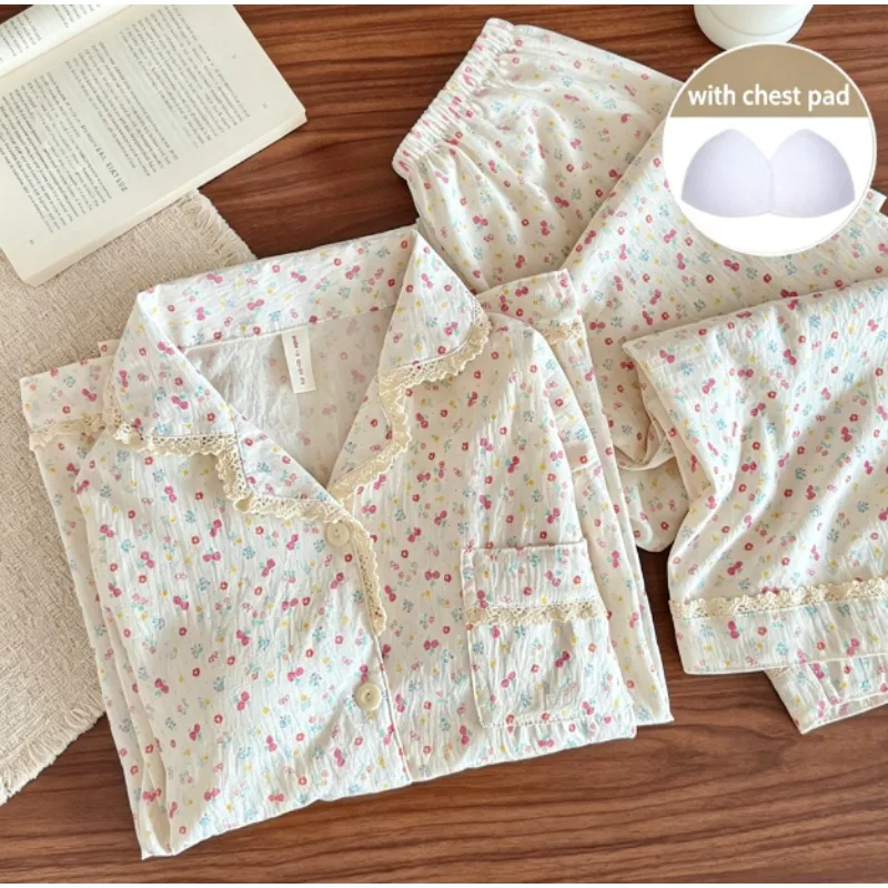 Women Pajama Set with Chest Pad Pink Flower Print Nightwear Autumn Korean Style Lace Trim Sleepwear Loungewear Home Wear Casual