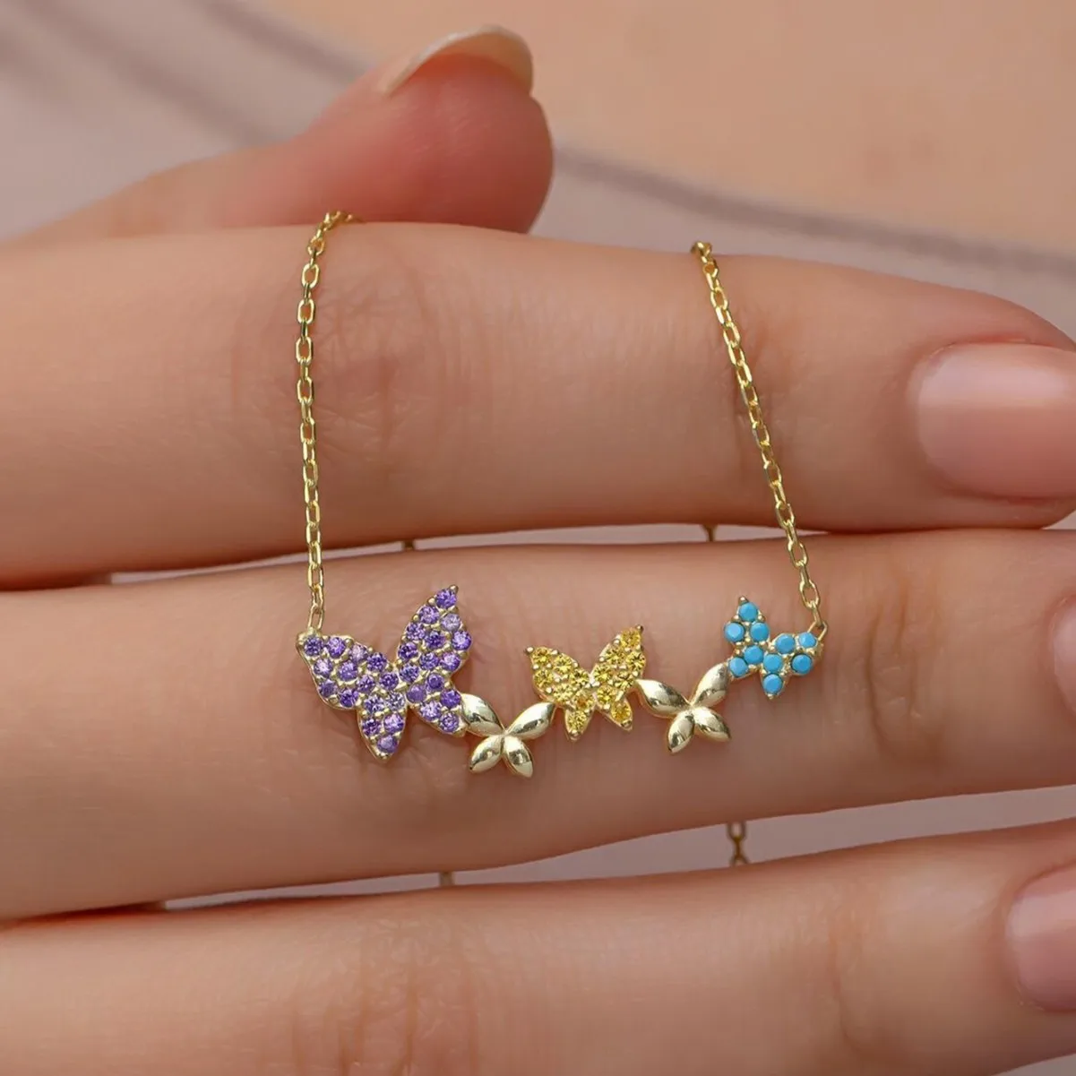 Niche Design 925 Sterling Silver Rainbow Gemstone Multi Butterfly Choker Small Micro-pave Turquoise Zircon Gold Necklace Jewelry