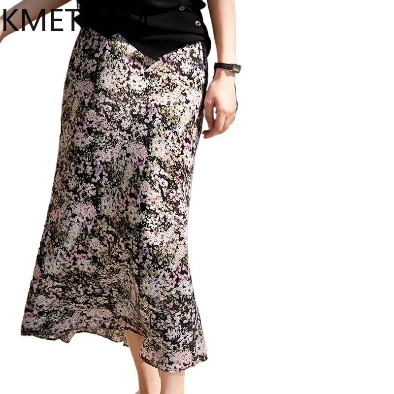 KMETRAM 100% Natural Mulberry Silk Women's Skirts Floral Midi Skirt Flowy Vacation Summer Skirts 2026 Woman Clothes юбка женская