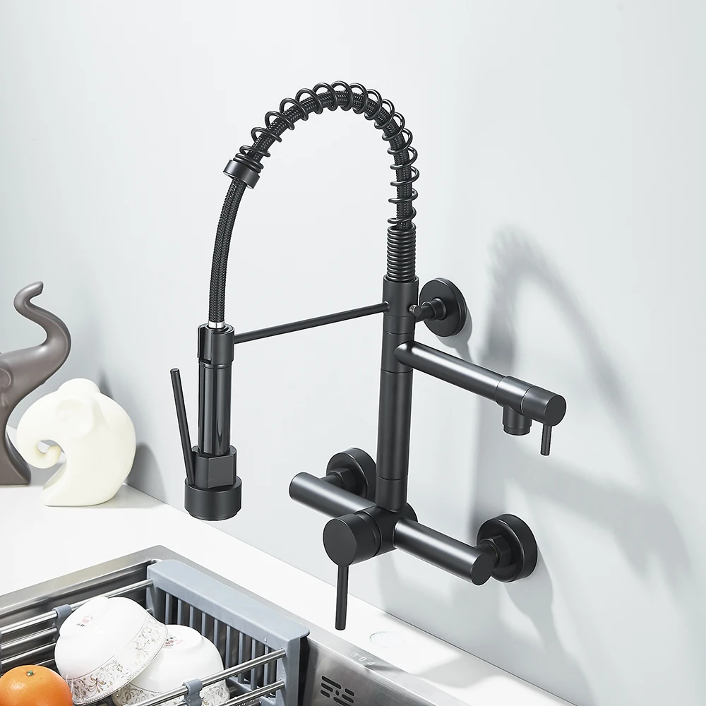 صنبور المطبخ الأسود صنابير المياه الساخنة والباردة الحائط الحنفية سفينة بالوعة صنبور حوض خلاط الربيع المزدوج قطب ينبثق بالوعة خلاط رافعة