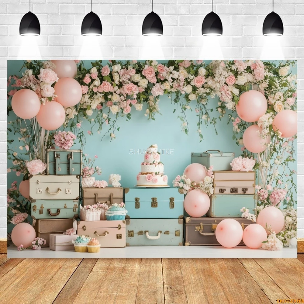 Spring Travel Floral Photography Backdrop Flower Balloon Luggage First Travel Easter Kids Birthday Baby Shower Photo Background