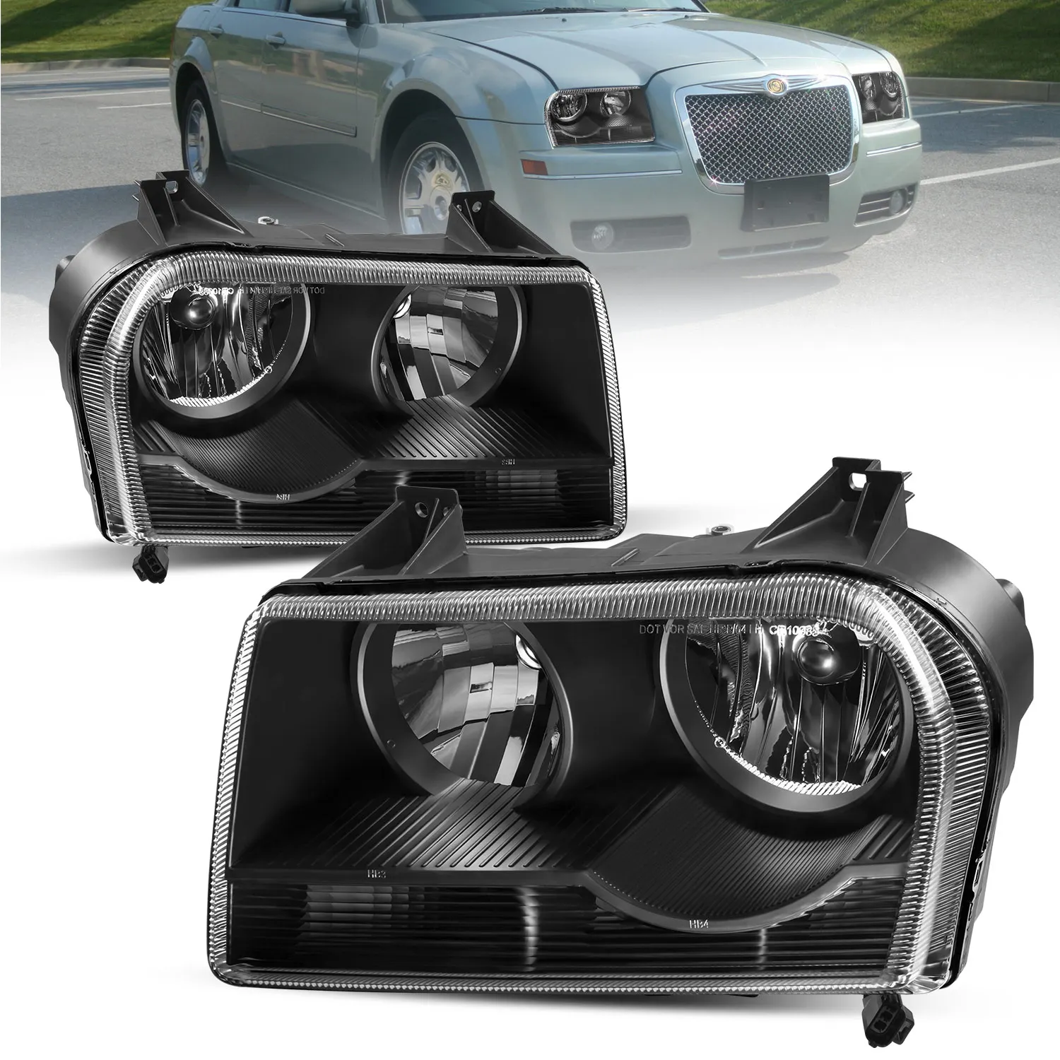 

2X Clear Lens Black Housing Headlights Assembly For 2005-2010 Chrysler 300 Halogen