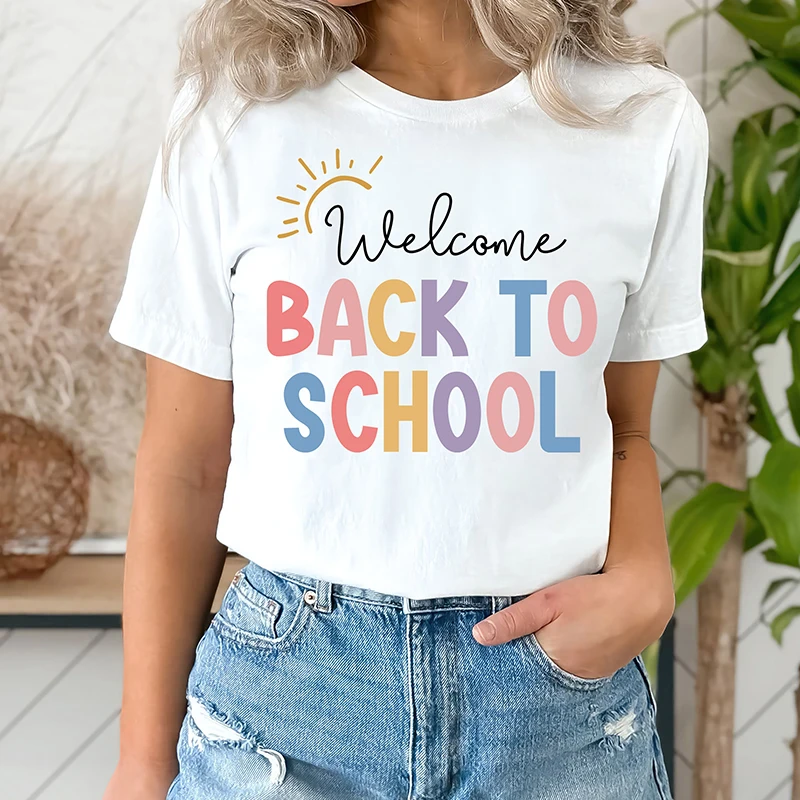 Vintage Teachers Day Gift Women T Shirts Cotton Short Sleeve Welcome To School Graphic Tee Causal Loose T-shirt O Neck Tshirts