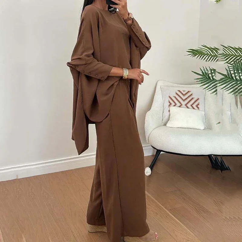 2024 Vintage O-Neck Bolman Sleeve Blouse Tops&Wide Leg Pants Set New Ladies Spring Solid Color Unique Button Design Loose Suit