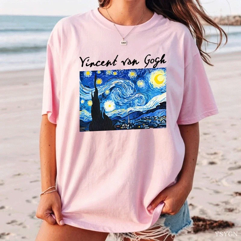 Women T-shirts Cotton Van Gogh T Shirt Starry Night Aesthetic Tshirt Casual Cotton Short Sleeve Round Neck Tee Shirt Unisex Tops