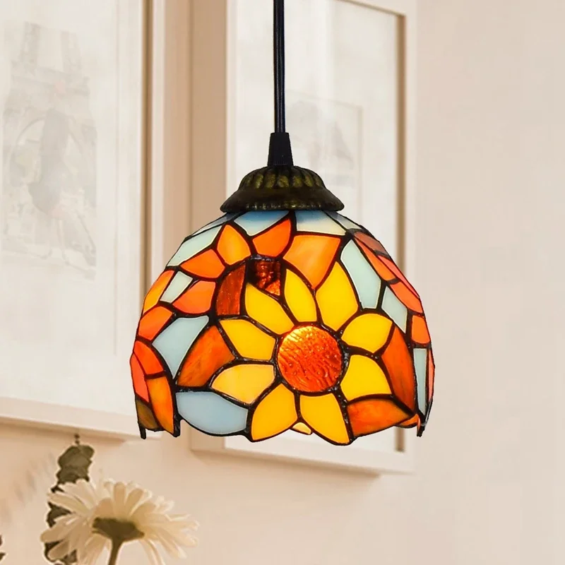 SunFlower Pendant Light 15CM Tiffany Style Stained Glass Ceiling Hanging Lamp for Bar Aisle Corridor Balcony Chandelier Lighting