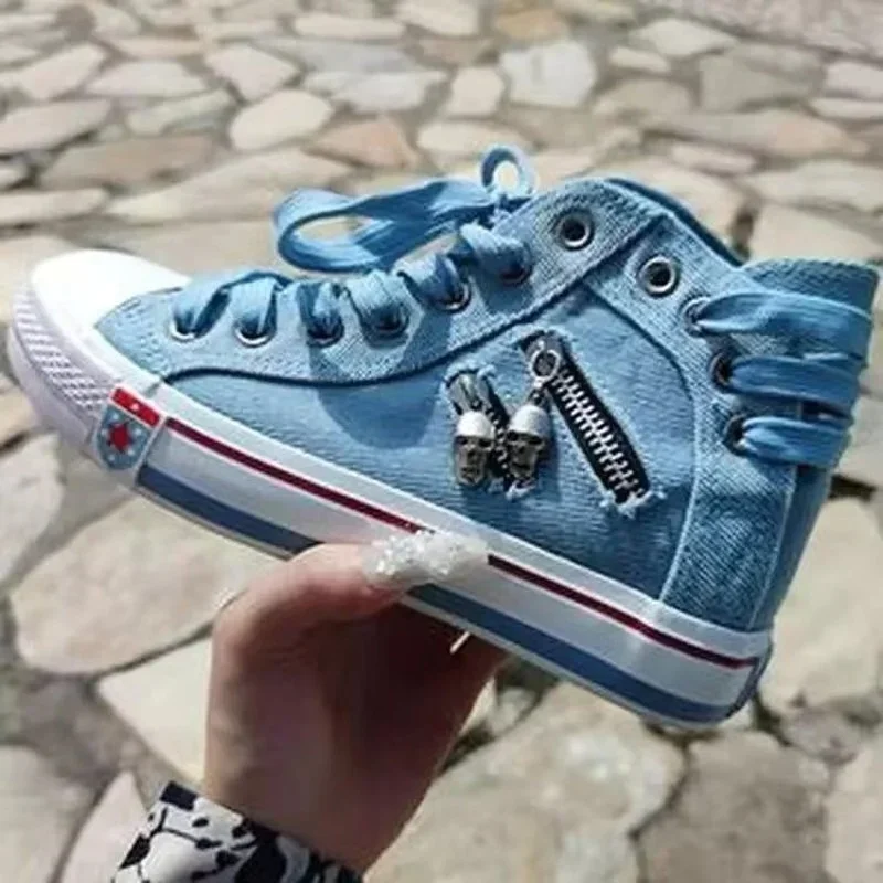 2023 Spring Flat Lace-up Board Shoes Casual Denim Shoes Spring and Autumn Breathable New Canvas Shoes High Top Female Students