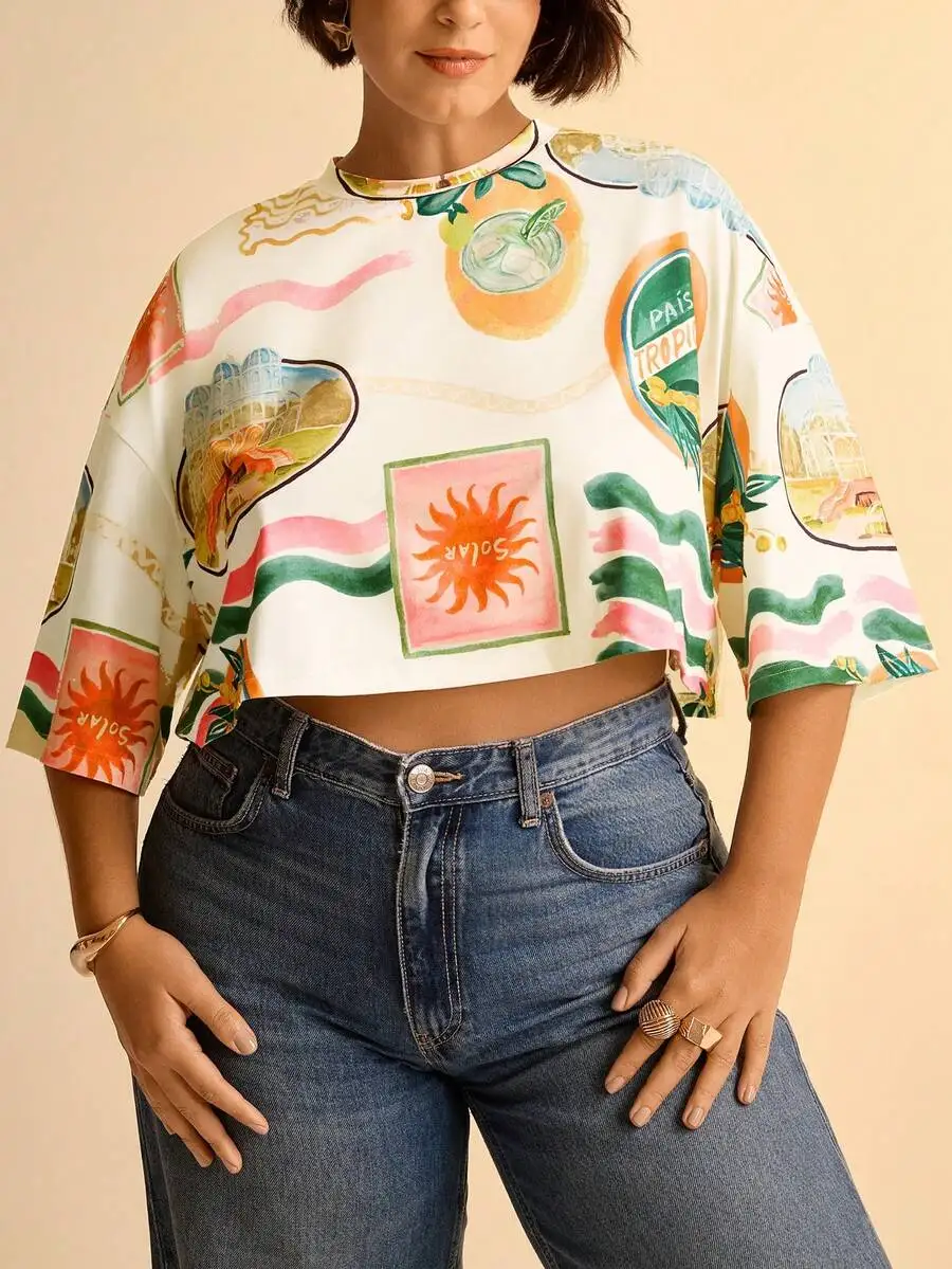 

Plus Size Women Round Neck Short Sleeve Boho Tropical Print T-Shirt Casual Cropped Summer Tee