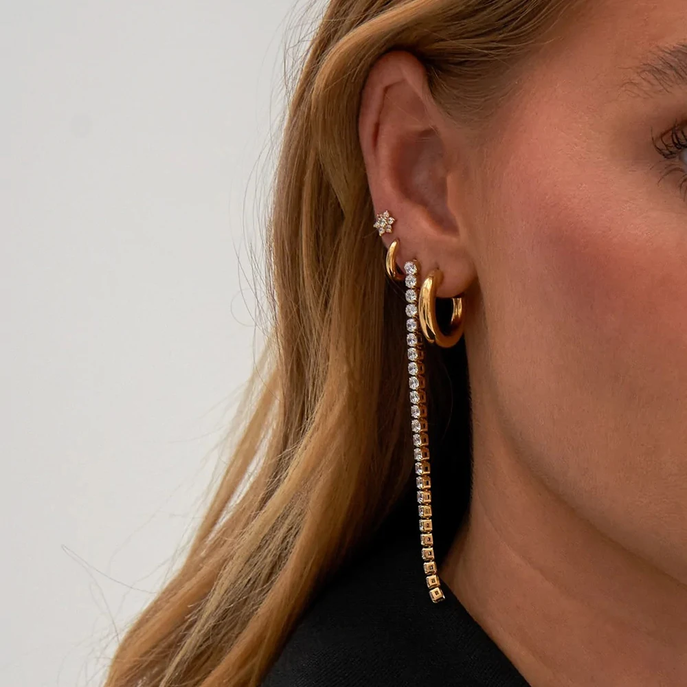 

Stylish Stainless Steel 18K Gold Plated Tennis Chain Fringe Pendant Stud Earrings for Women Waterproof Jewelry Gift