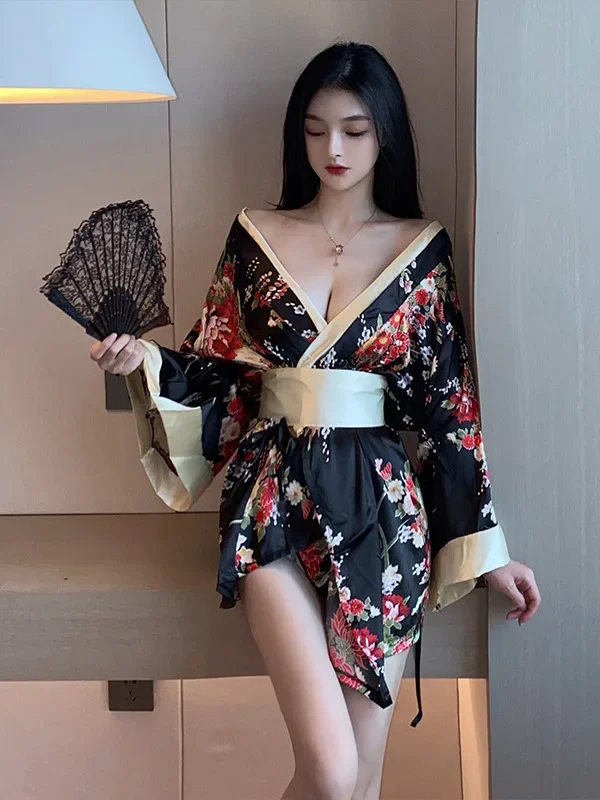 2023 Spring Women's New Japanese Style Kimono Uniform Waist retraction Bow printing Batwing Sleeve V-Neck low-cut Dress OO99