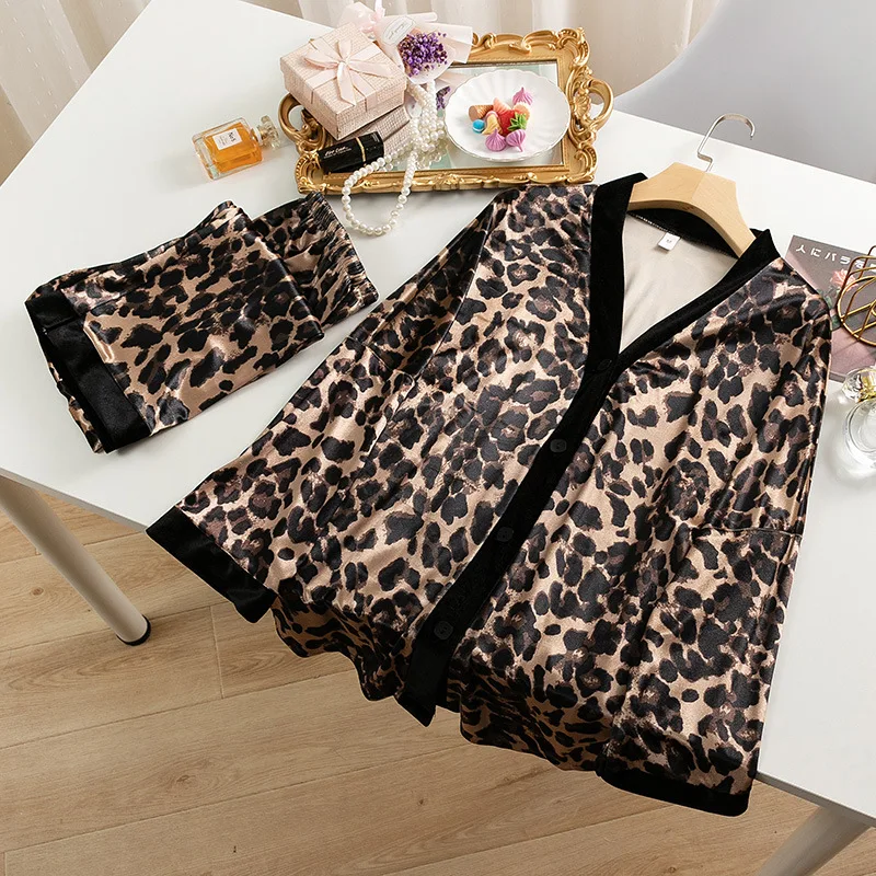 Leopard Print Pajamas Set Winter Warm Homewear Women Long Sleeve Top&pants Loose Homewear Fashion Pyjamas Femme Nightwear