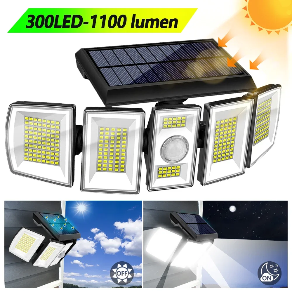 5 Head Solar Powered Wall Light, Outdoor Wide Angle LED Flood Lamp, Waterproof Security Light for Garden Yard Garage Patio