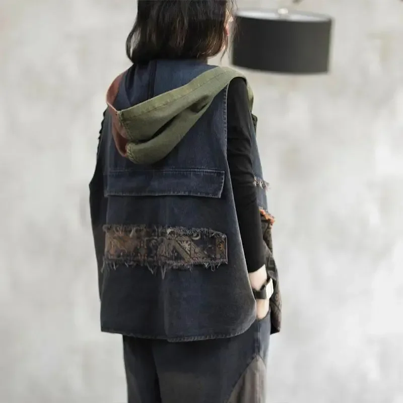 

Vintage Denim Vest Woman Hooded Spring Contrast Color Patchwork Fur Edge Sleeveless Jjacket Casual Coat Female JJ571