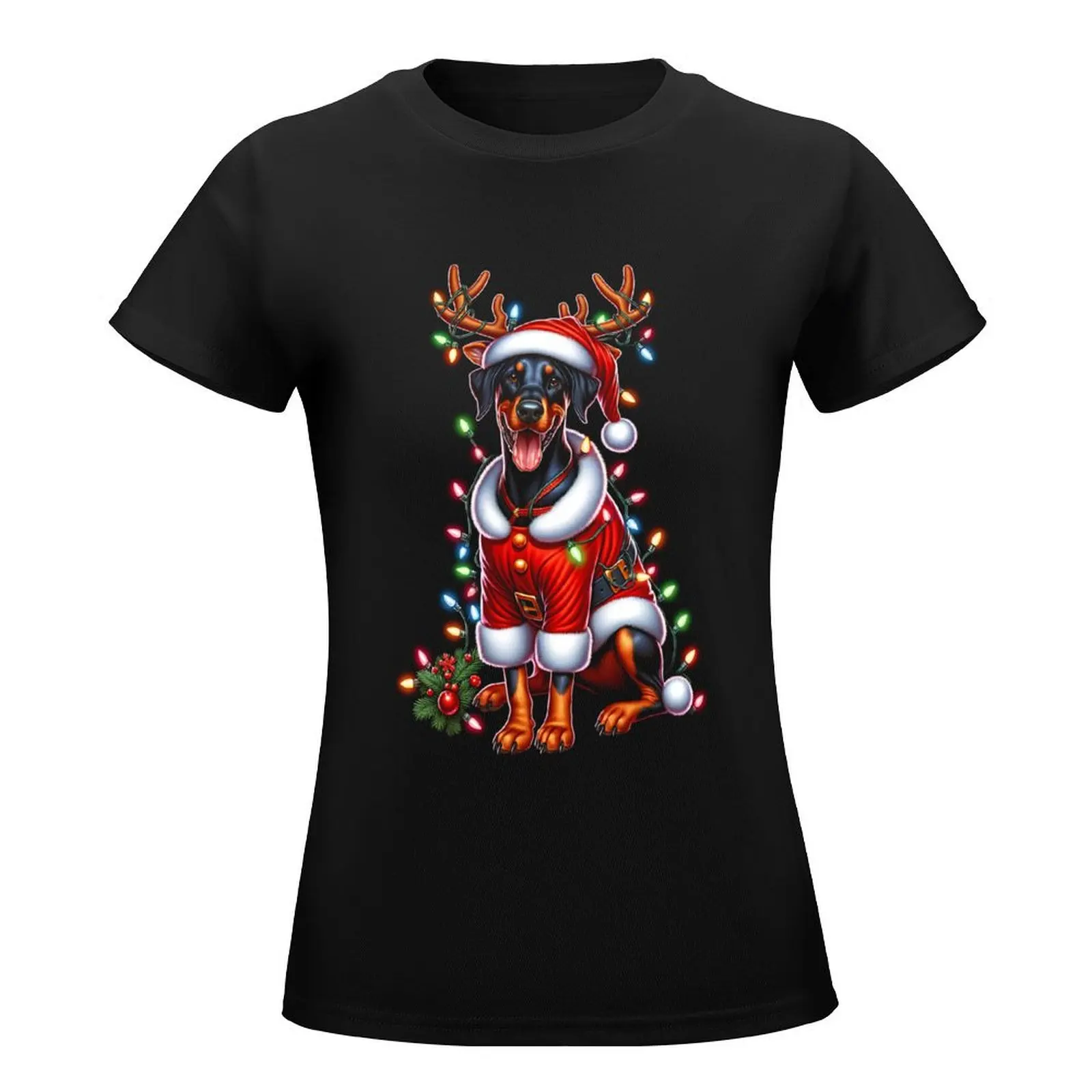 Doberman Dog Reindeer Christmas Light Vintage Ugly Sweater Santa's Hat Xmas T-Shirt cute clothes Woman T-shirts