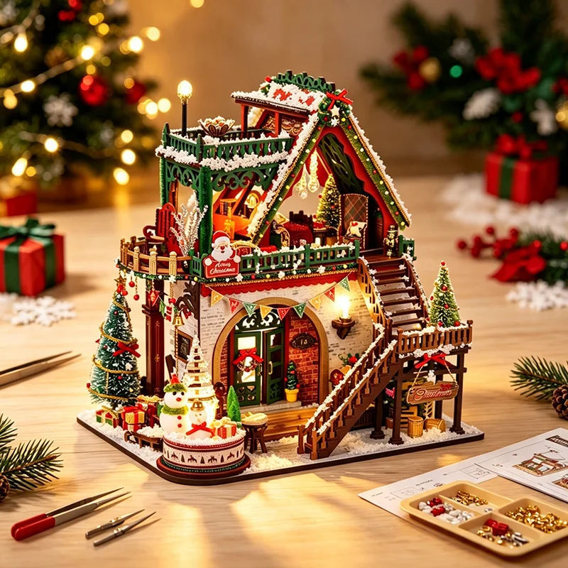 Christmas DIY Miniature Scene Wooden Assembled Dollhouse Festive Pretend Play Toy Holiday Gift for Kids & Craft Enthusiasts