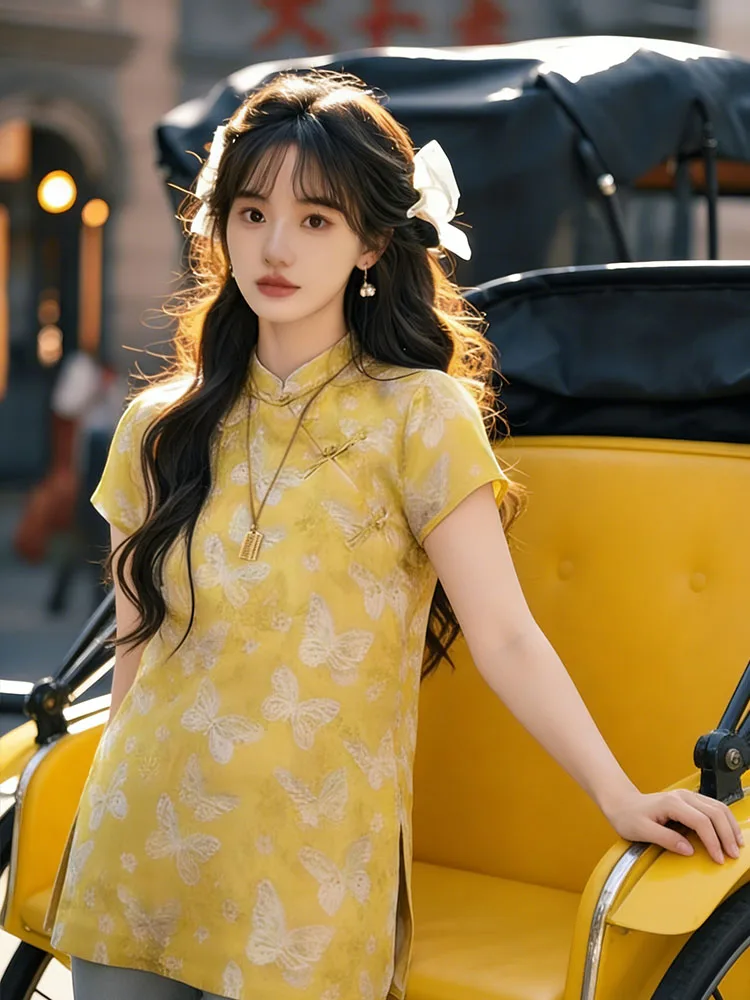 

Summer 2026 New Chinese Style Loose Slimming Versatile Retro Embroidered Stand Collar Side Buttoned National Style Top Women