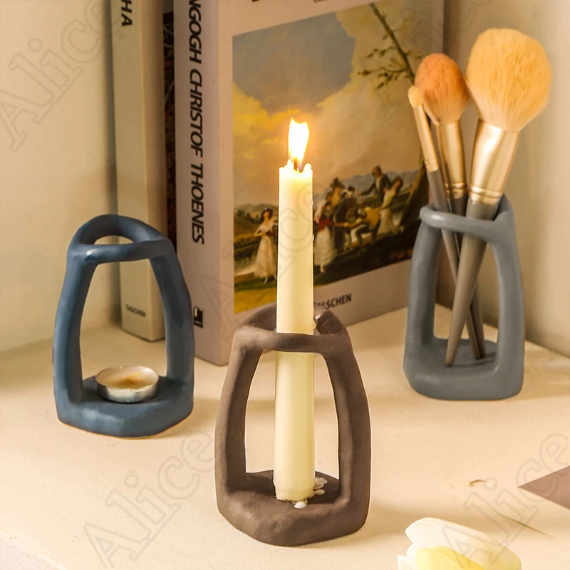 Hand Pinch Texture Ceramic Candle Holder Nordic Solid Color Desktop Candle Holders Ornament Dressing Table Brush Holder Makeup