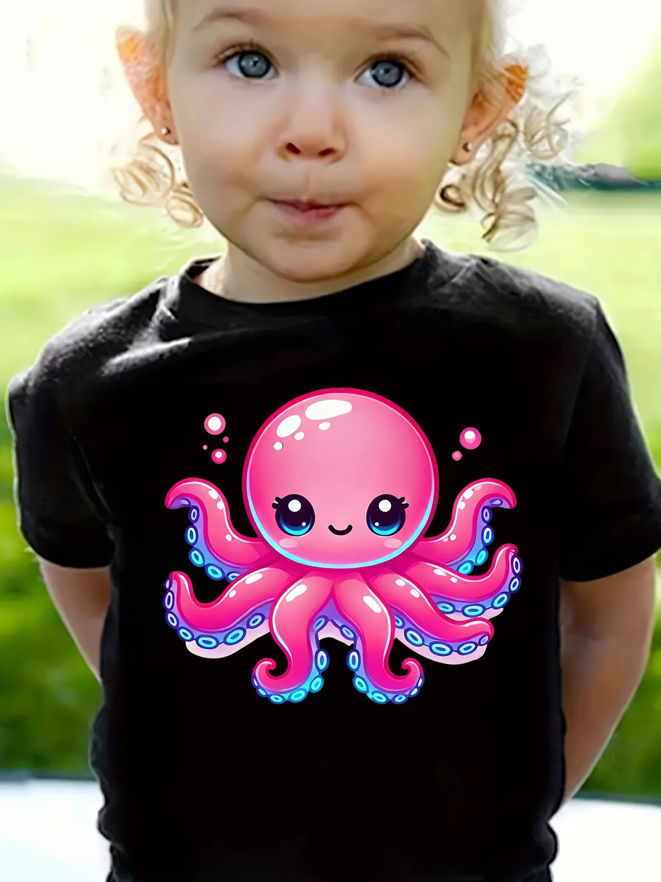 Kids Cute Smiling Pink Cartoon Octopus Sea Animal Graphic Tee Boys Girls Family Matching Short Sleeve Casual Daily T Shirt