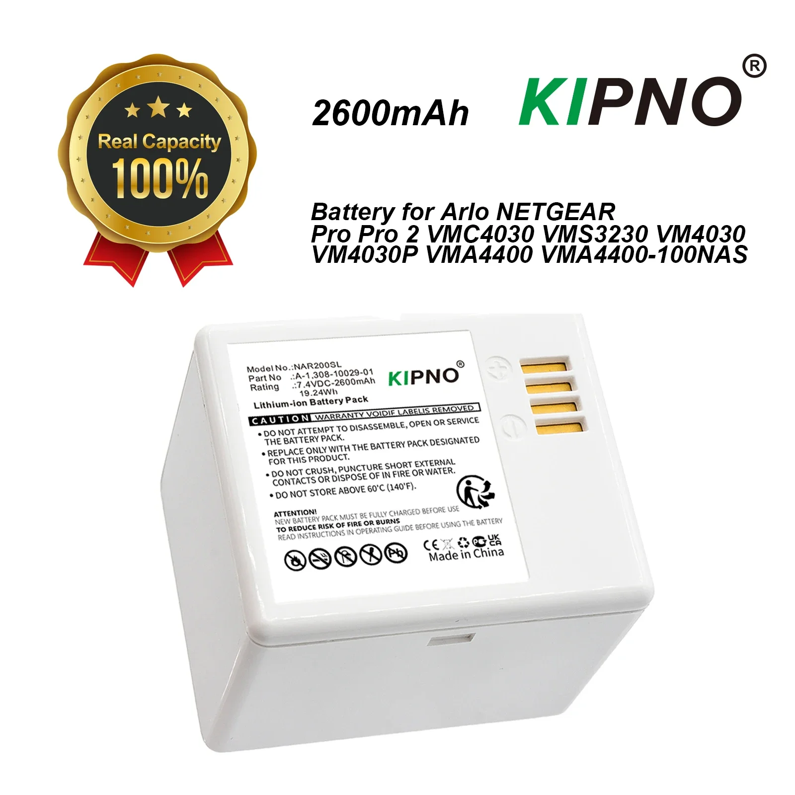 

KIPNO Replacement Battery A-1 For ARLO PRO PRO 2 Security Camera VMA4400 VMC4030 VMS4230P NETGEAR Rechargeable Battery 2600mAh