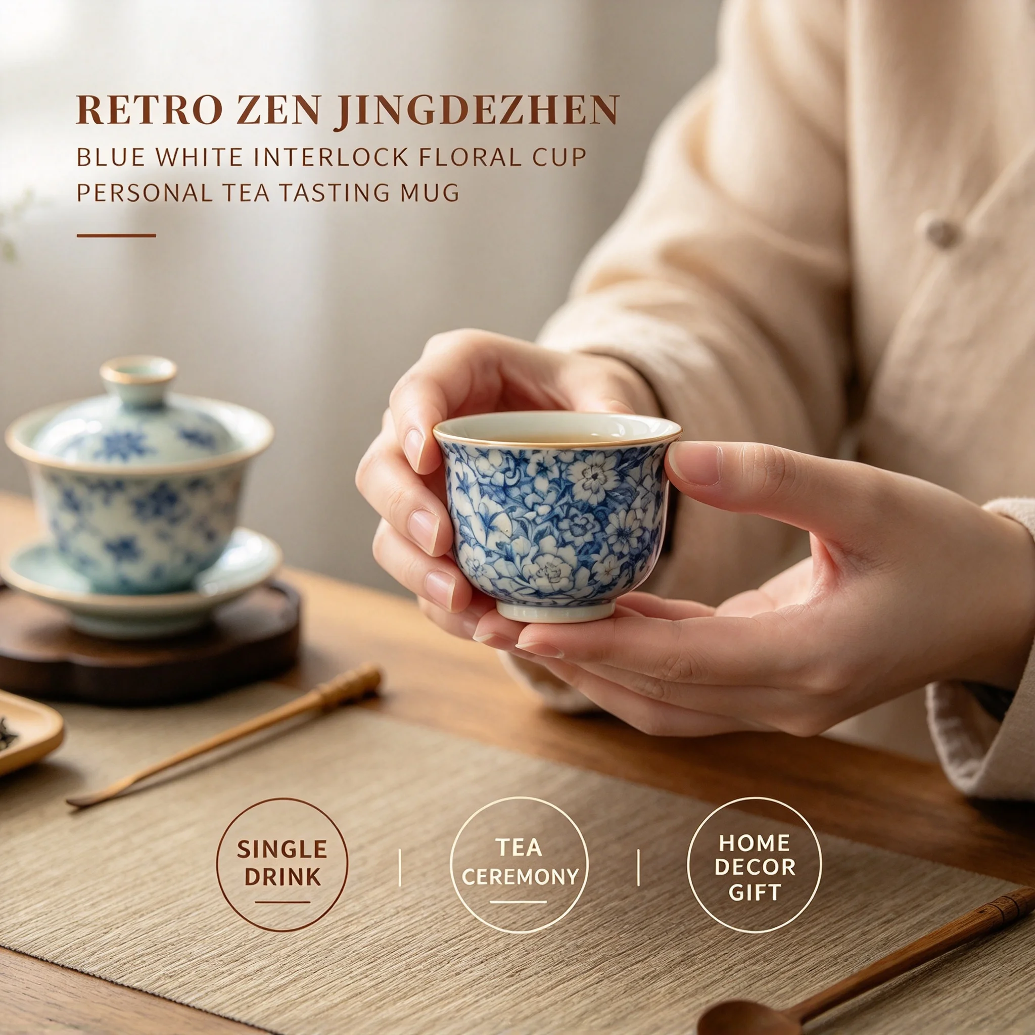 Retro Zen Jingdezhen Blue White Interlock Floral Cup Personal Tea Tasting Mug Single Drink Tea Ceremony Home Decor Gift