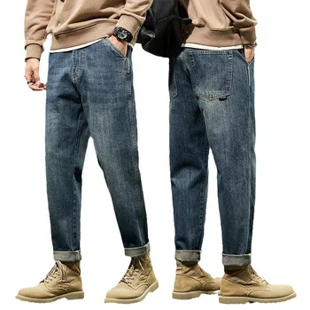 Men's Spring 2026 Loose Harem Pants Denim Retro Solid Comfortable Harajuku Straight Jeans Simple Fashion Versatile Cargo Trouser 6