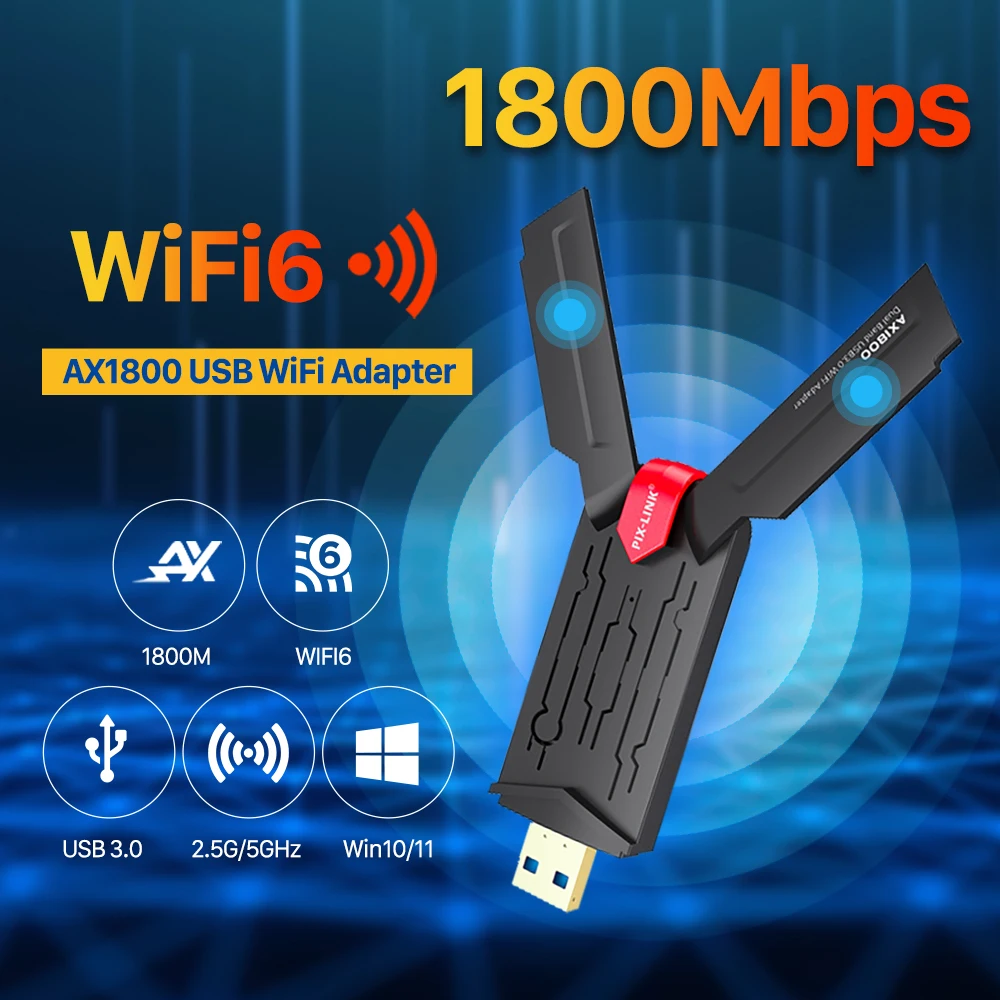 

PIX-LINK UAX03 USB Wi-Fi адаптер AX1800 без драйверов, 1800 Мбит/с, Wi-Fi 6, двухдиапазонный 5 ГГц/2,4 ГГц, беспроводная сетевая карта USB 3.0, Plug & Play