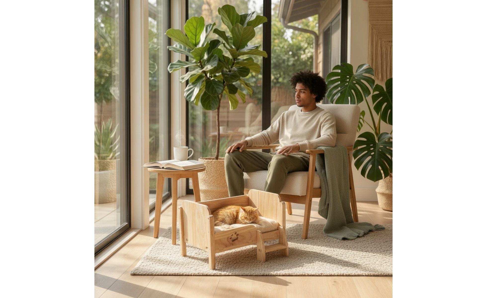 Pet Bed with Step Long-Lasting Wooden Pet Bed Elevated Cat Couch Indoor Furniture Comfortable for Cats, Living Room, Bedroom