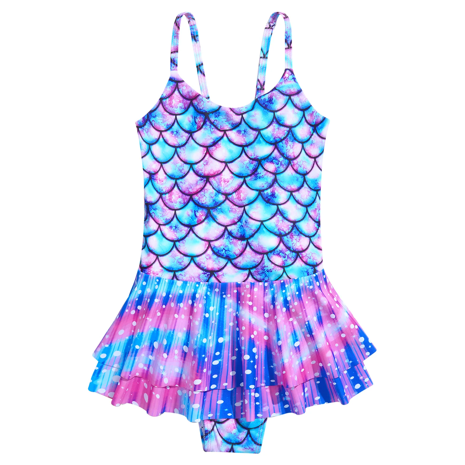 Kids Girls Mermaid Swimsuit One-piece Fish Scales Print Swimsuit Straps Ruffle Flounce Jumpsuit Surfing Beach Suit Rash Guard