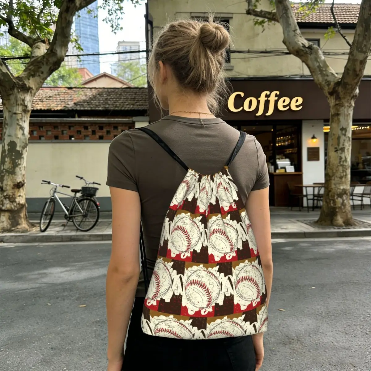 Graffiti Baseball Pattern Backpacks Casual Drawstring Bundle Pocket Storage Bag Book Bags for Travel Students