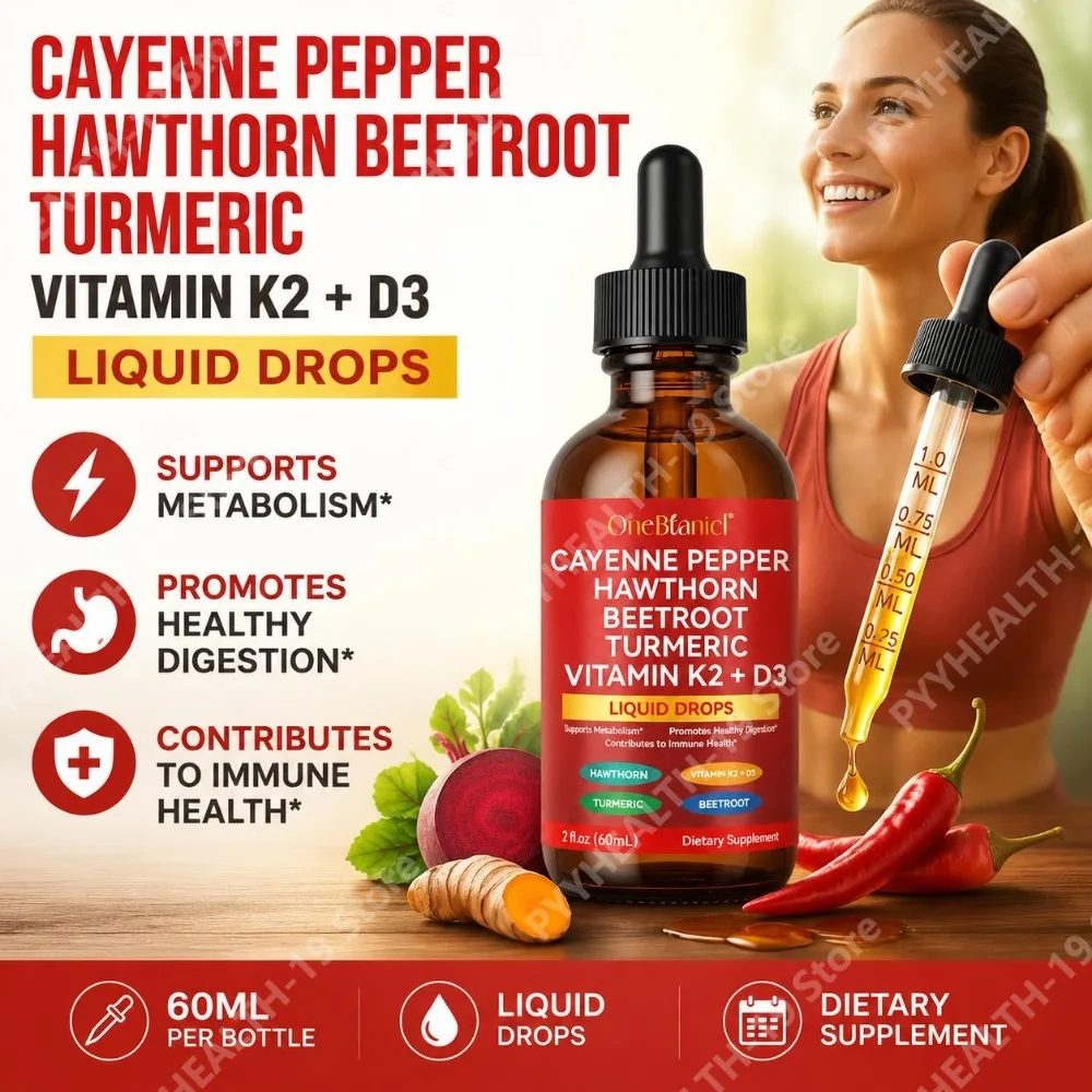 OneBtanicl Cayenne Hawthorn Beetroot Turmeric Liquid Drops Vitamin K2 D3 For Metabolism Digestion Immunity Support Adult 60ml