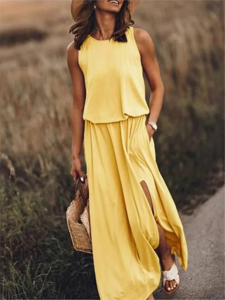 

Solid Color Dresses Sleeveless Round Neck Slit Loose Women's Robe Casual Commuting Daily Vacation Beach Party Office Vestidos