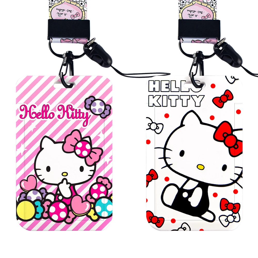 Portatarjetas de Hello Kitty, funda protectora de PVC para documentos, cordón de identificación para el Campus de estudiantes, cuerda colgante para el cuello, antipérdida