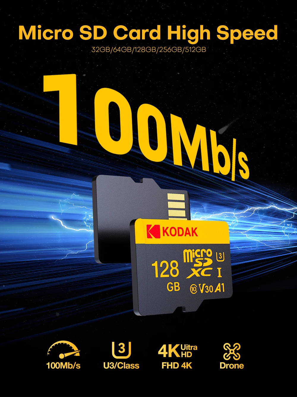 KODAK 100% Original Micro SD Card 16GB 32GB 64GB 128GB 256GB Microsd Memory Card Class10 SDXC U3 4K TF Card for Drone Phone