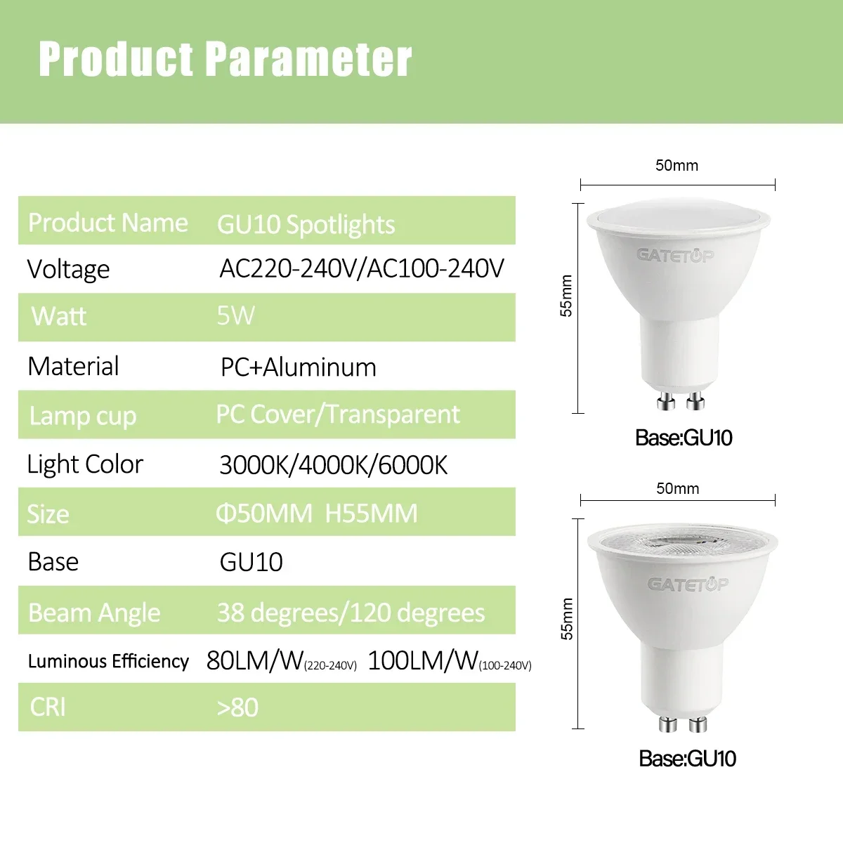 5PCS Hight Lumen LED Spotlight GU10 5W AC 220V 120V Warm White Light No Flicker Replaceable 40W Halogen Lamp for Home Derec