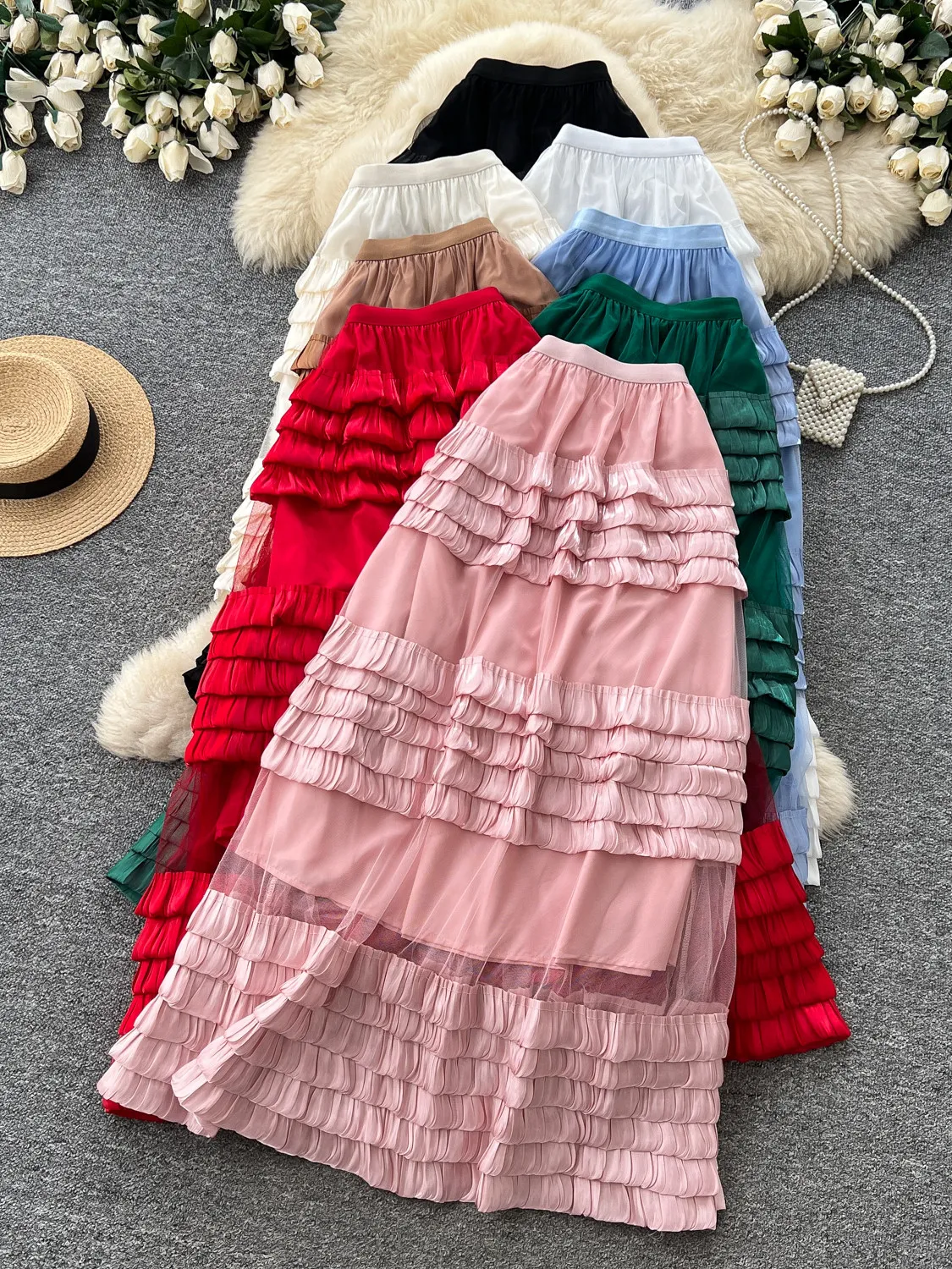 Women Pink Fairy Skirt Ruffle Mesh Patchwork Midi Skirt Vintage Y2K Gyaru Fashion High Waist A-Line Tutu Skirt for Women Summer