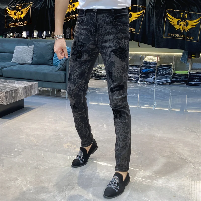 Farbe Kontrast Jeans männer Dünne Jeans Männer Druck Männer Jeans Hosen Männer Streetwear Vaqueros Hombre 2025, Erkek Kot Pantolon