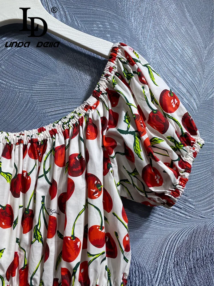 Imagem -06 - Linda Della Verão Flor Cor Puro Algodão Elasticidade Curto Topo Feminino Fruta Impressão Sexy Puff Manga ir no Feriado Topo ld