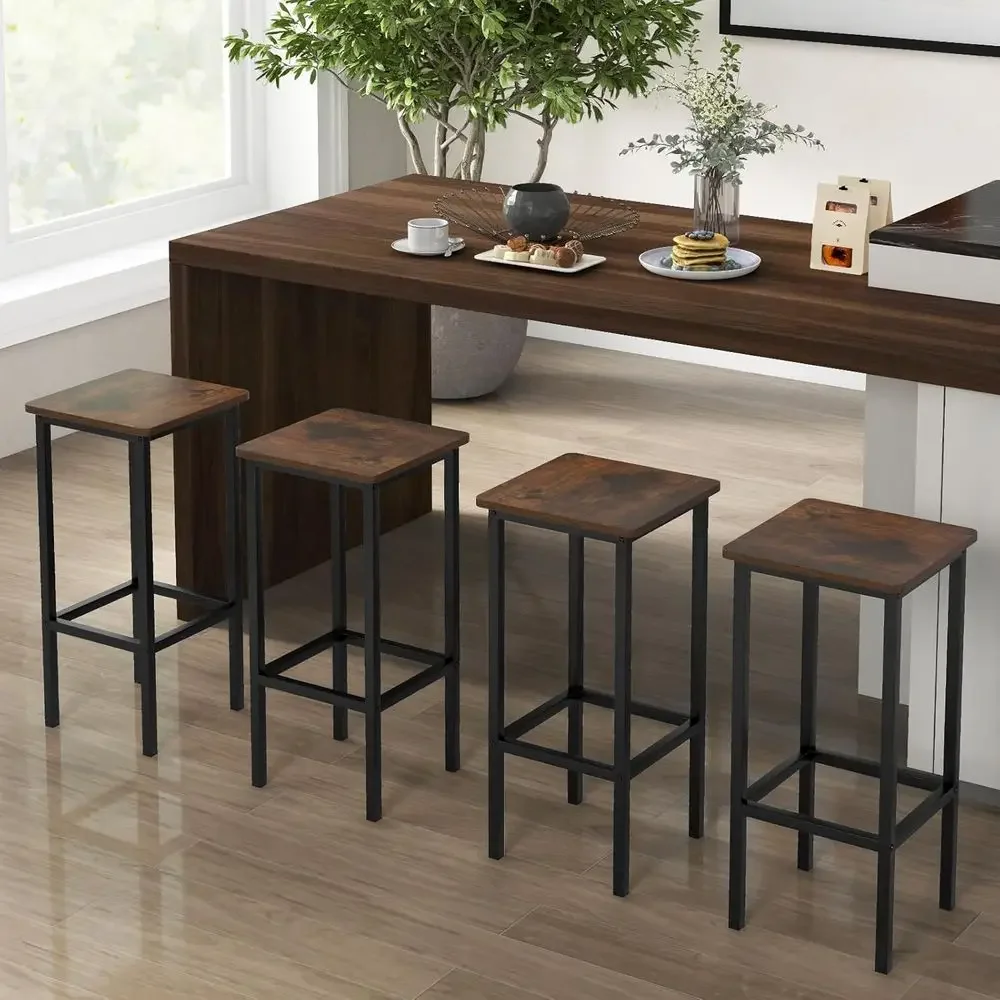 Set of 4 Industrial-Style Counter Height Bar Stools with Footrest, Rustic Brown Finish, Suitable for Breakfast Bar, Kitchen Isla - view 2