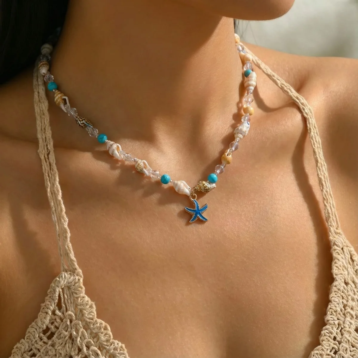 Metall-Seestern-Muschel-Anhänger-Halskette für Damen und Herren, Kristall-Reisperlen-Choker, Bohemian-Strandurlaub, Sommerparty-Schmuck – Detail 22